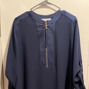 Trina Turk Kaiko Navy Blue Zip Tunic Shirt Dress Womens Size L Roll Tab Coastal